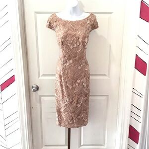 Women Unbranded Champagne Floral Sequin Lace Dress, Cap Sleeves Size 8